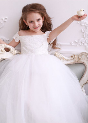 Beaded Off Shoulder Ivory Lace Tulle Flower Girl Dress Beaded Off Shoulder Ivory Lace Tulle Flower Girl Dress